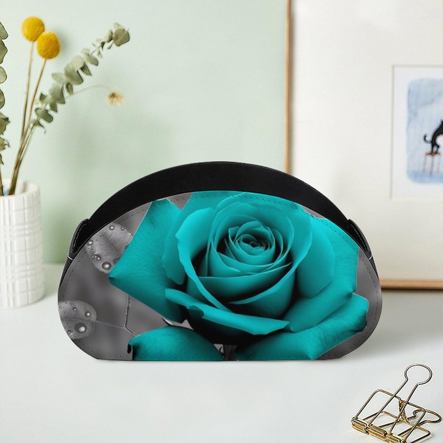 POTSCBVW Teal Grey Rose Remote Control Storage Box with 5 Compartments Leather Remote Control Organizer Box for End Table Stylish TV Accessory Holder for Living Room Bedroom Office