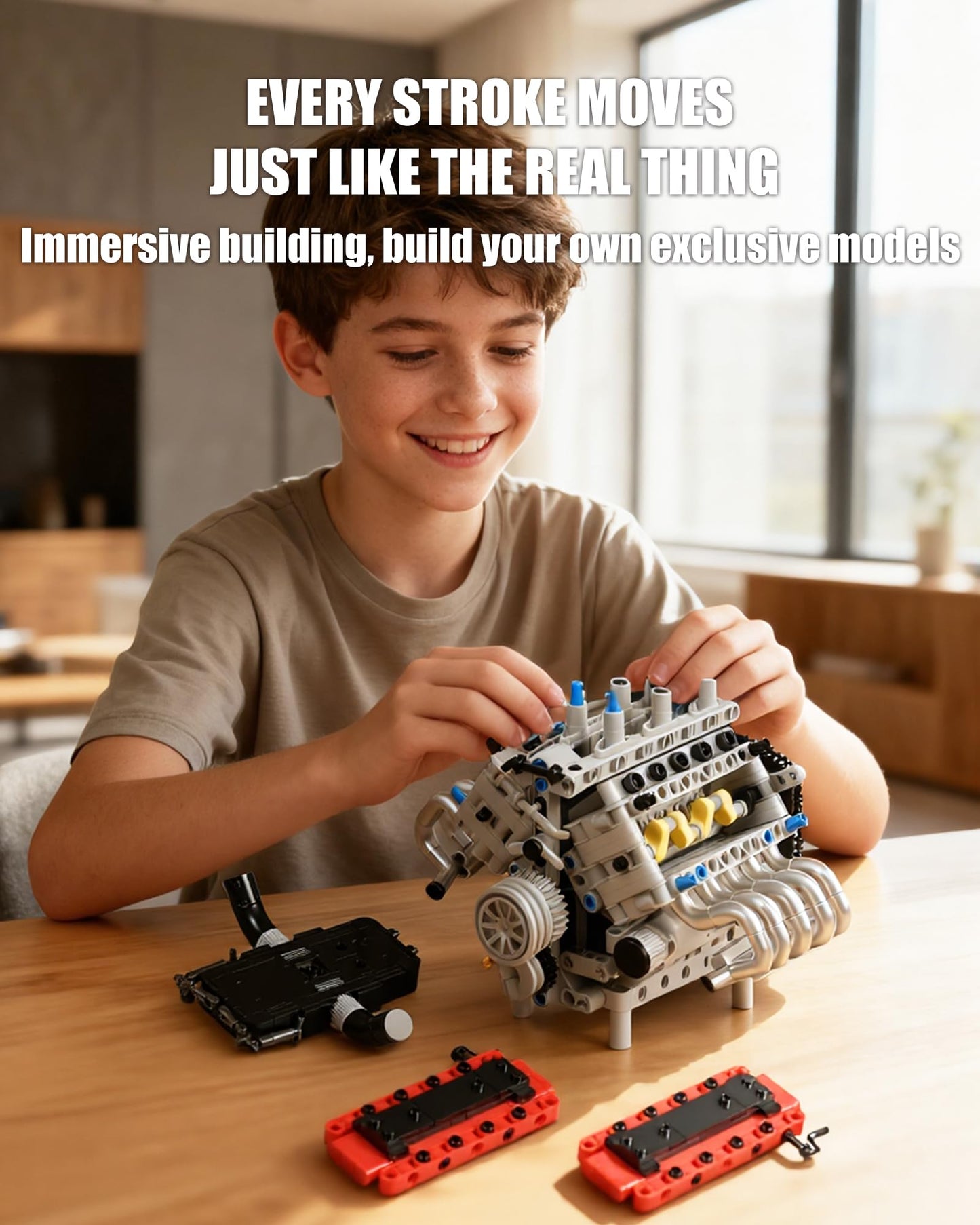 MOCBURIKU V8 Engine Building Set, Build Your Own Mini V8 Model Engine Kit that Run with Battery and Motor, 8-Cylinder Car Model Engine Building Toys for Adults Kids Age 14+ (1079PCS)
