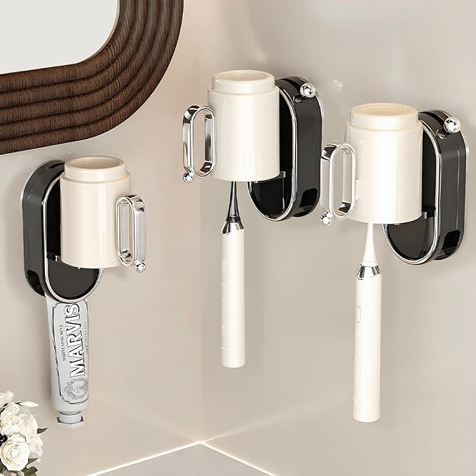 Toothbrush Holder Wall Mounted with Toothpaste Holder & Detachable Cup - Removable Suction Cup in Bathroom Sink, Shower - Space Saving, Ventilation Design for Family, Renters