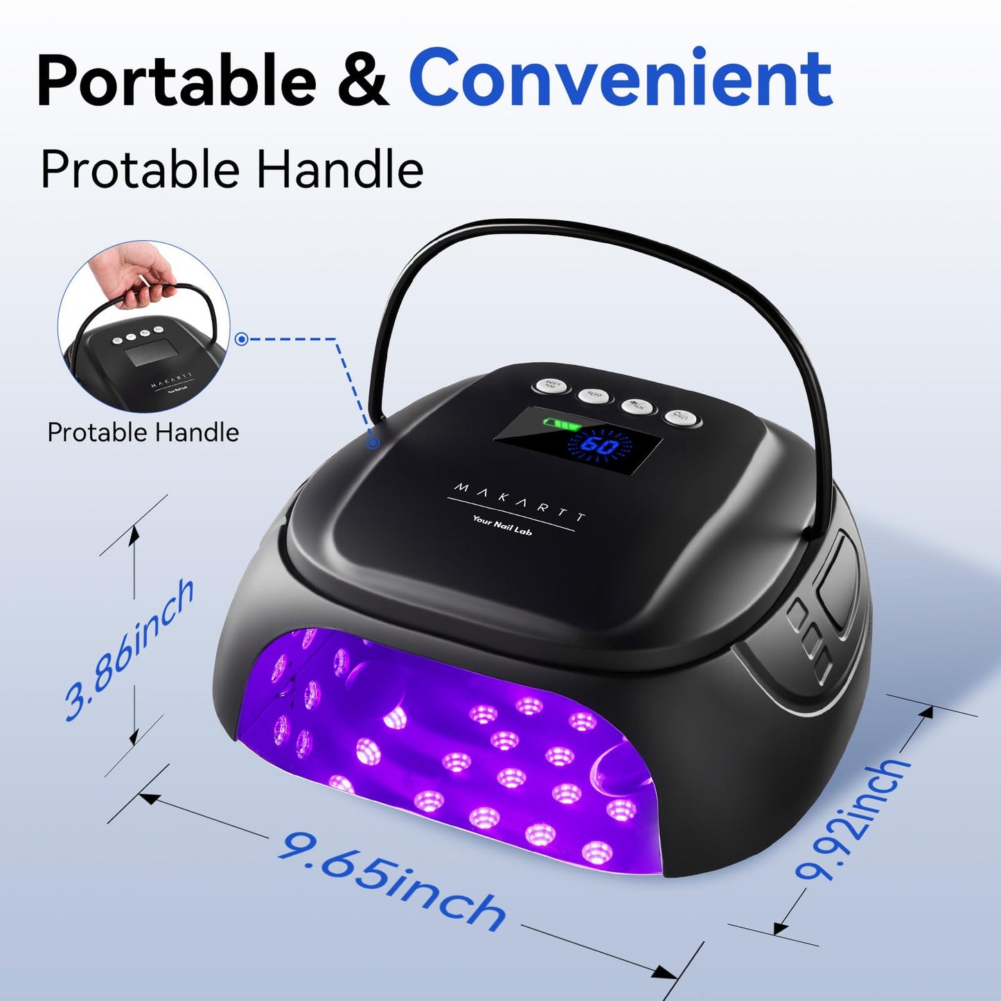 Makartt UV Nail Lamp – 30W Fast Curing UV Light with Handle Rechargeable Cordless Nail Dryer for Gel Nail Polish with 45 Beads Dual Lights 4 Timers LCD Smart Sensor for Nail Art Design(Matte Black)