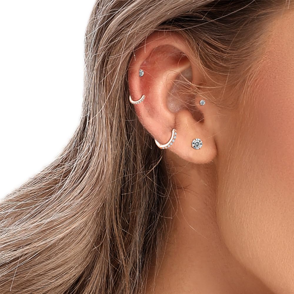 Rose Gold Sterling Silver Hoop Earrings Sterling Silver Stud Earrings for Women 6 Pairs Hypoallergenic Tiny Cubic Zirconia Stud Set Cartilage Hoops 6mm 8mm 10mm