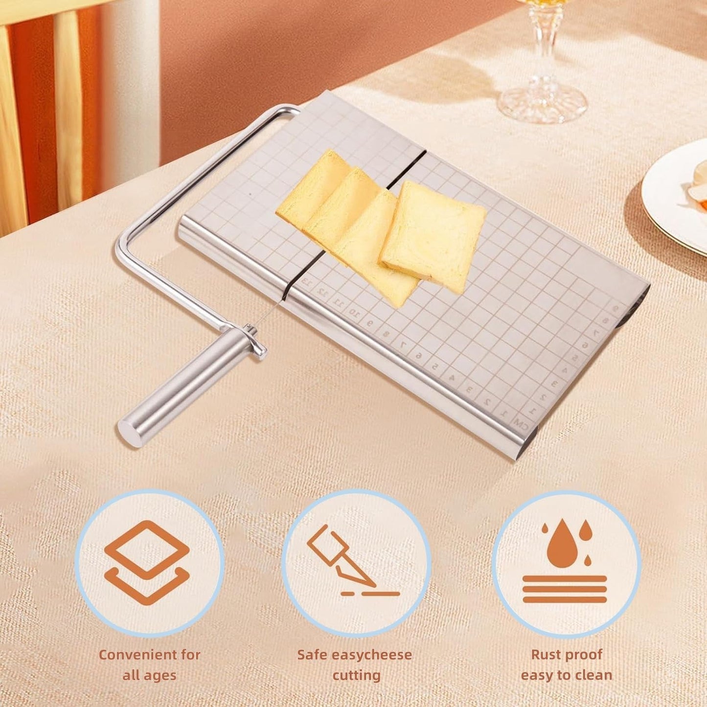Direvcdro Stainless Steel Cheese Slicer with 5 Replacement Wires Adjustable Cheese Cutter and Cutting Board - For Block Cheese with Precision Scale for Gadget,Charcuterie etc