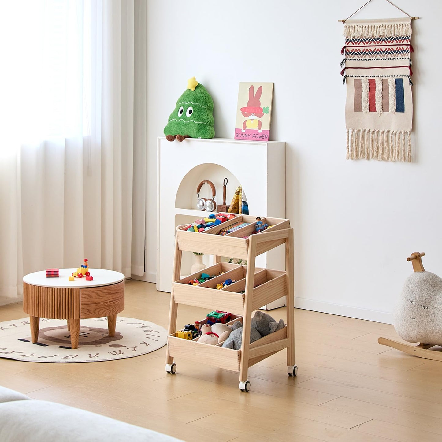 HaoGZMZFCL 3 Tier Wooden Toy Storage Organizer with Wheels for Toy Book Wood Storage Rack Open Display Shelf Kids Gift Natural