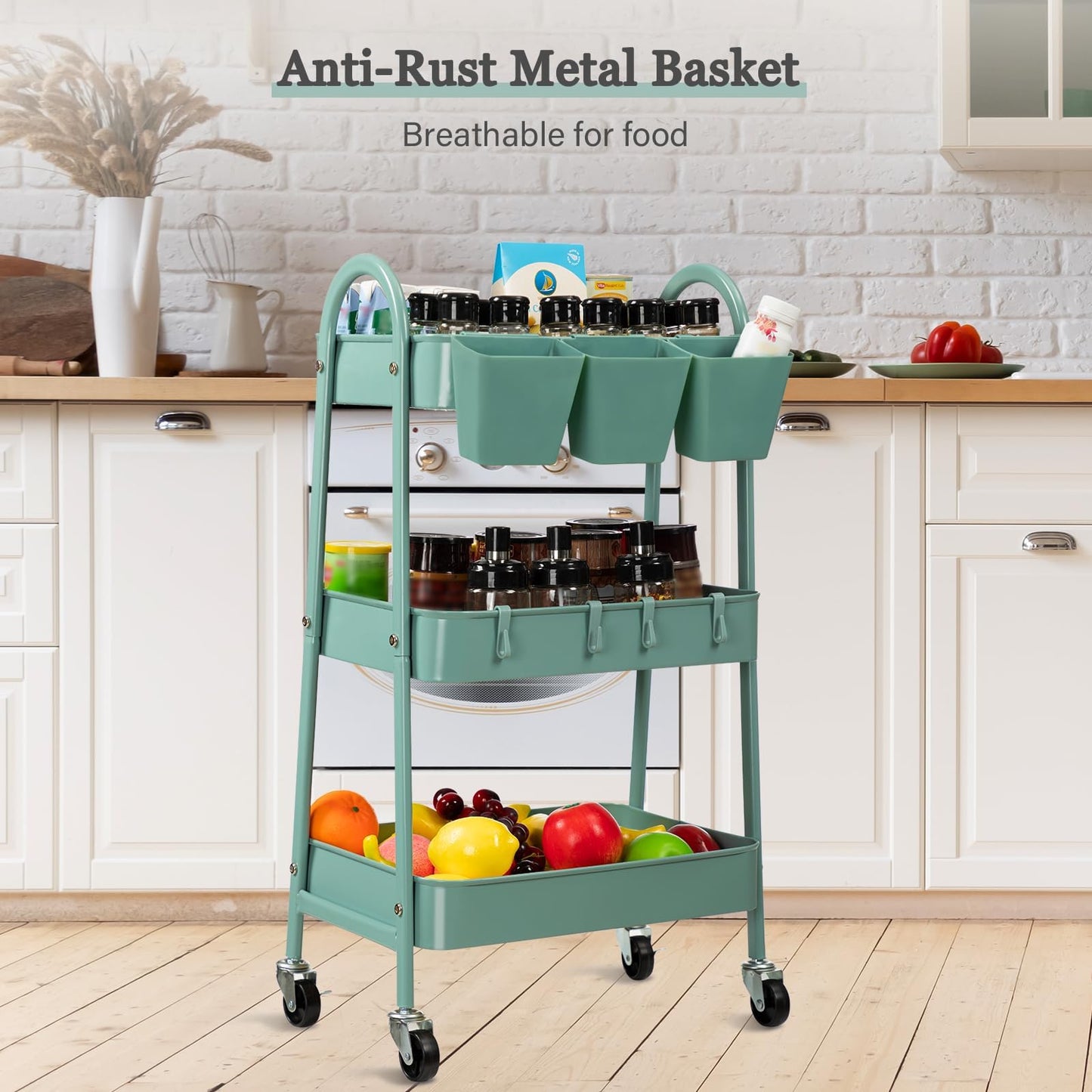 danpinera 3-Tier Rolling Cart, Utility Cart Mobile Metal Rolling Storage Cart with Lockable Wheels & Hanging Cups & Hooks for Kitchen, Bathroom, Office, Workshop, Green
