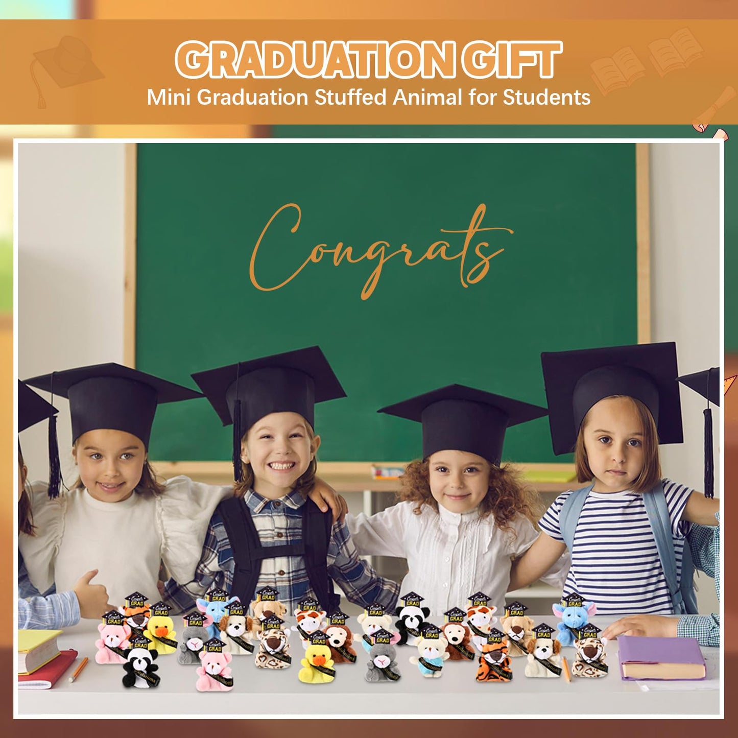 MiniInflat 12 Pcs Mini Graduation Stuffed Animal Bulk Tiny Congrats Grad Plush Small Animal Doll Keychain with Grad Hat for 2026 Graduation Party Favors Prek Kindergarten Classroom Exchange Gift