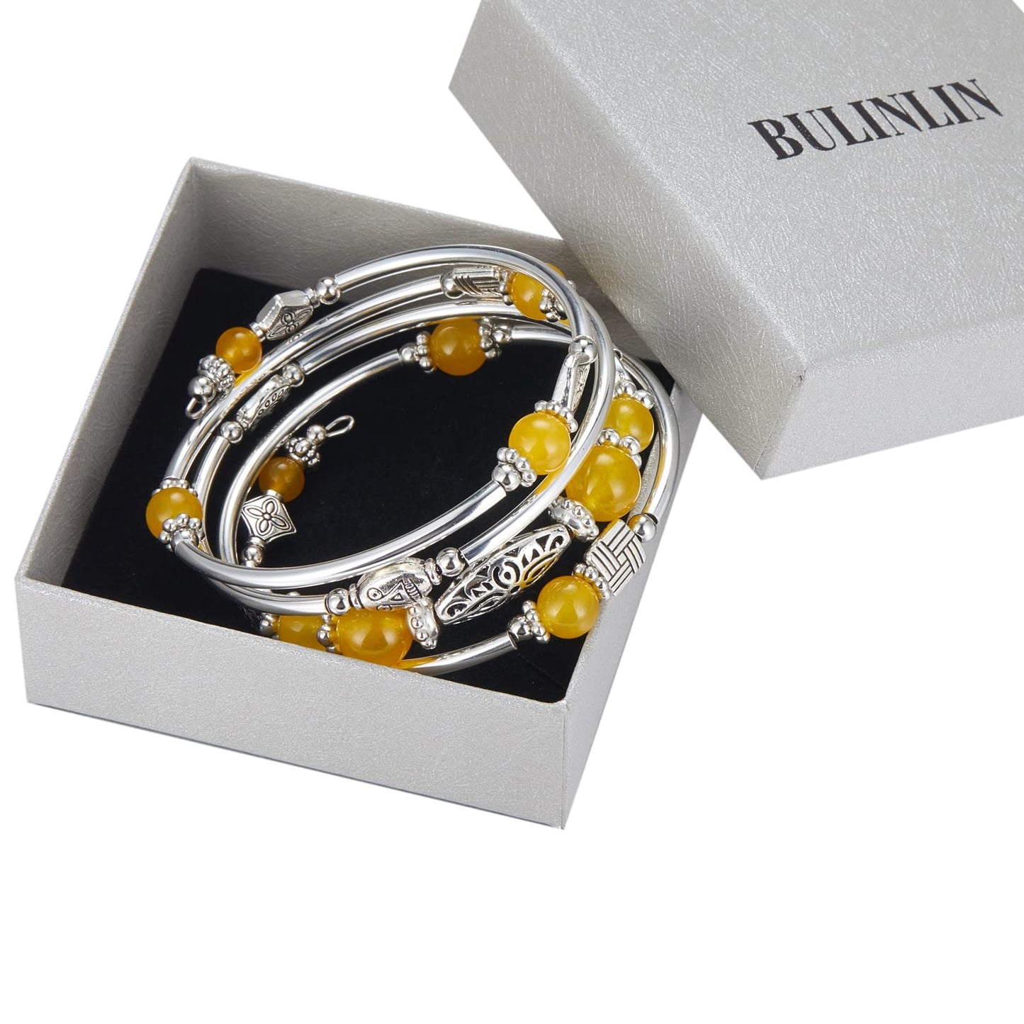 BULINLIN Layered Wrap Bangle Turquoise Bracelet - Bead Bracelet with Natural Agate Stone, Gifts For Women (03-Yellow)