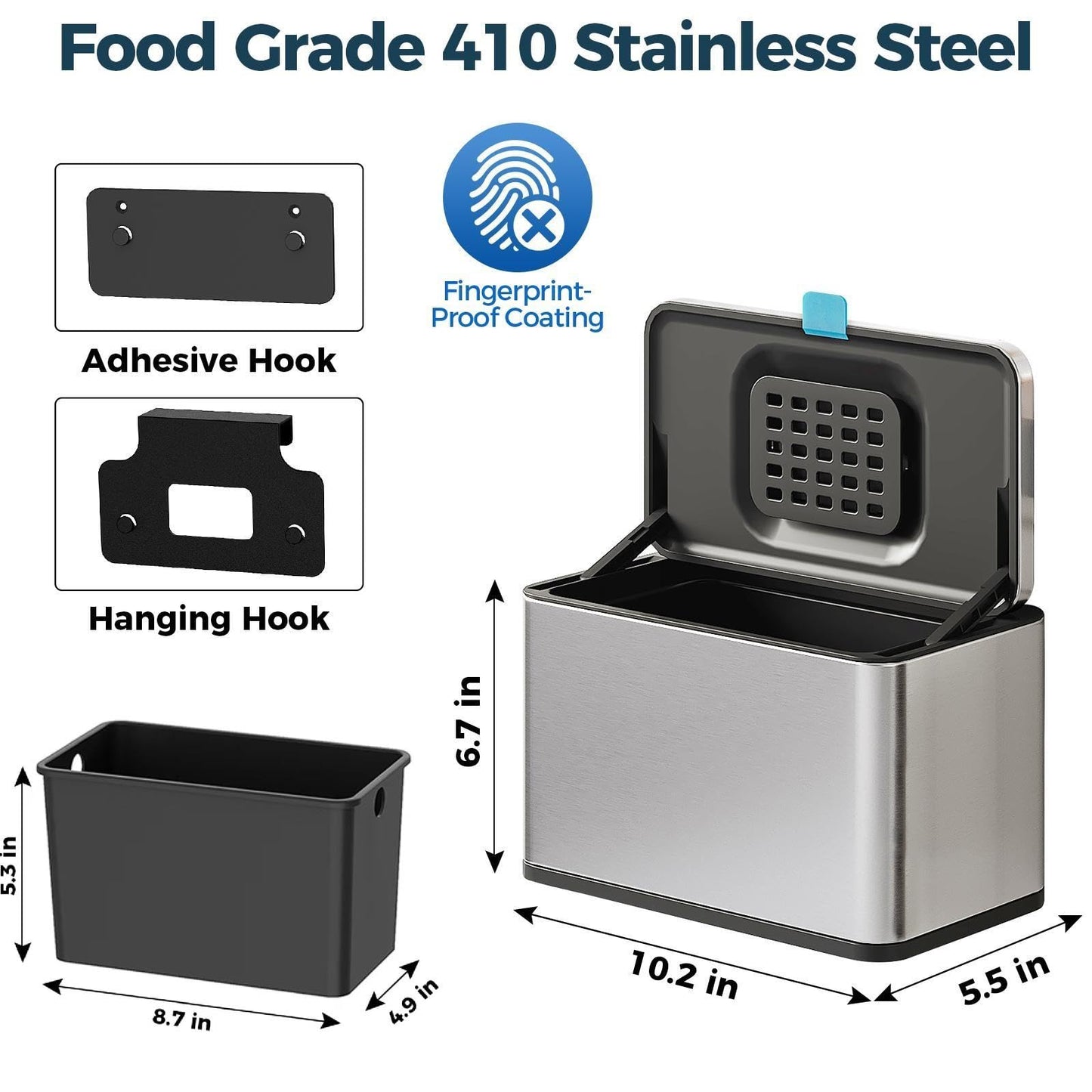 LINSSEN Stainless Steel Hanging Trash Can with Lid and Inner Bucket, 1 Gallon Kitchen Compost Bin for Counter Top, Under Sink or Wall Mount, Small Garbage Can for Cupboard/Bathroom/Bedroom/RV