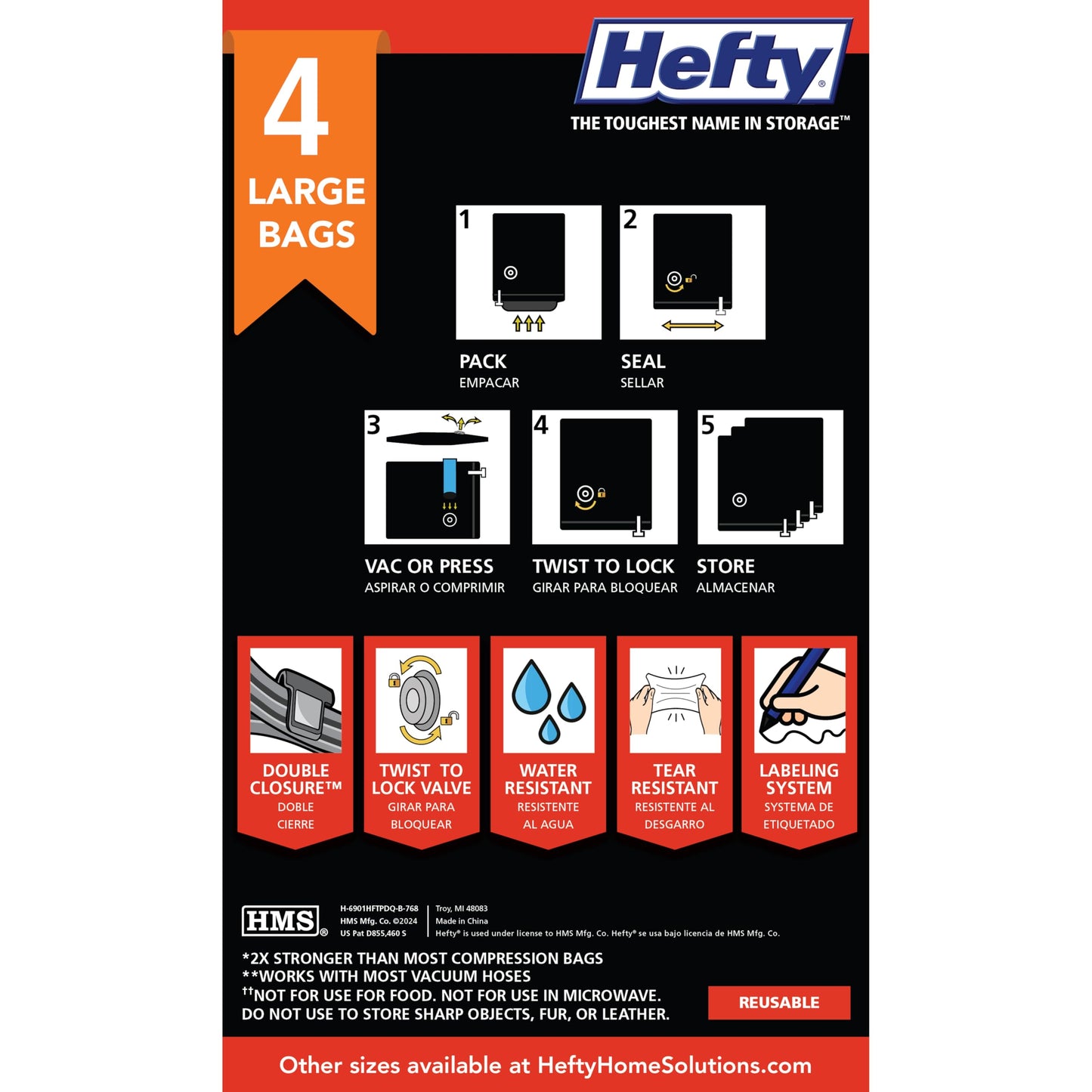 Hefty MAX Shrink-Pak Vacuum Seal Storage Bags for Clothing, Travel, Bedding | Tear & Water Resistant, Dual-Valve Space Saver Compression Bags - Large, 4-Pack
