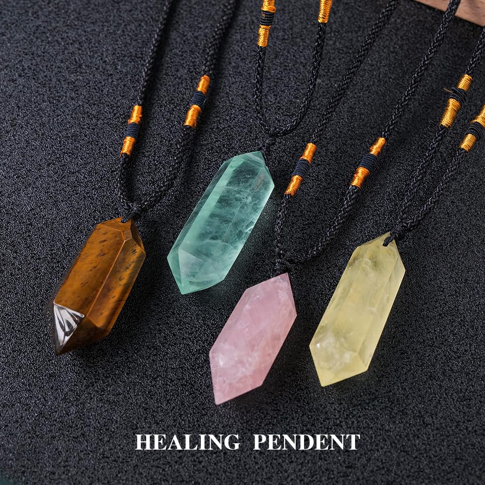 Runyangshi Citrine Healing Crystal Pendants, Double Pointed Natural Crystal Quartz Necklace 6 Faceted Chakra Crystal Wand Stone