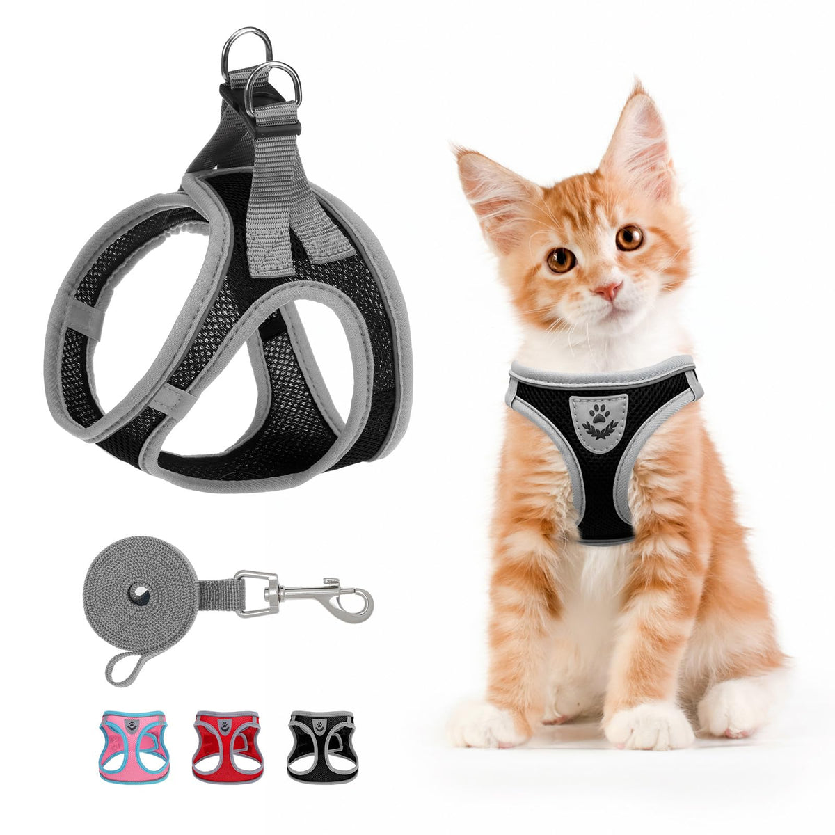 SCENEREAL Cat Harness and Leash Set Escape Proof, Adjustable Soft Air Mesh Kitten Harnesses for Girls Boys Small Medium Big Cats, Reflective Light Travel Pet Walking Vest for Puppy Rabbit, Red S