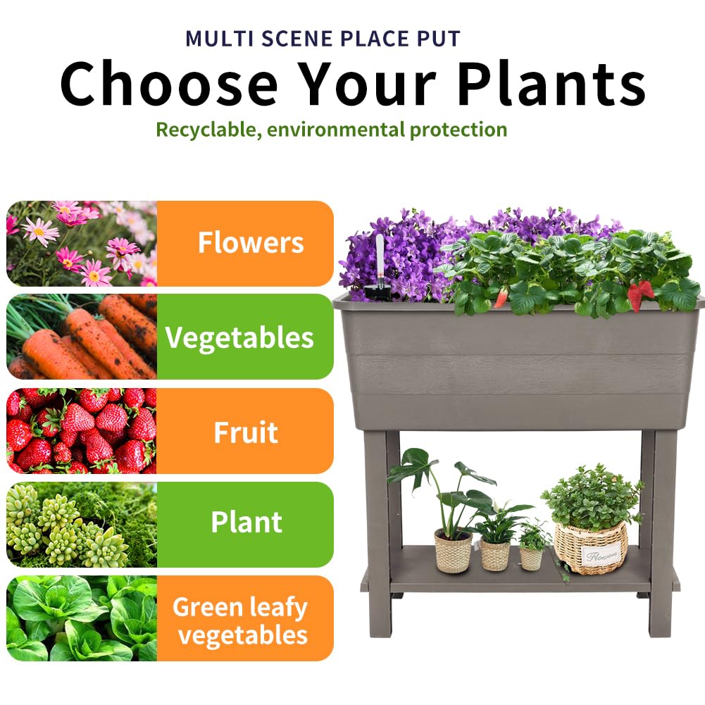 Megawodar 3 Pcs Self Watering Elevated Raised Garden Bed, Large Outdoor Plastic Planter Box Big Flower Plant Pot for Planting Flowers Vegetables and Herbs (3, Khaki)