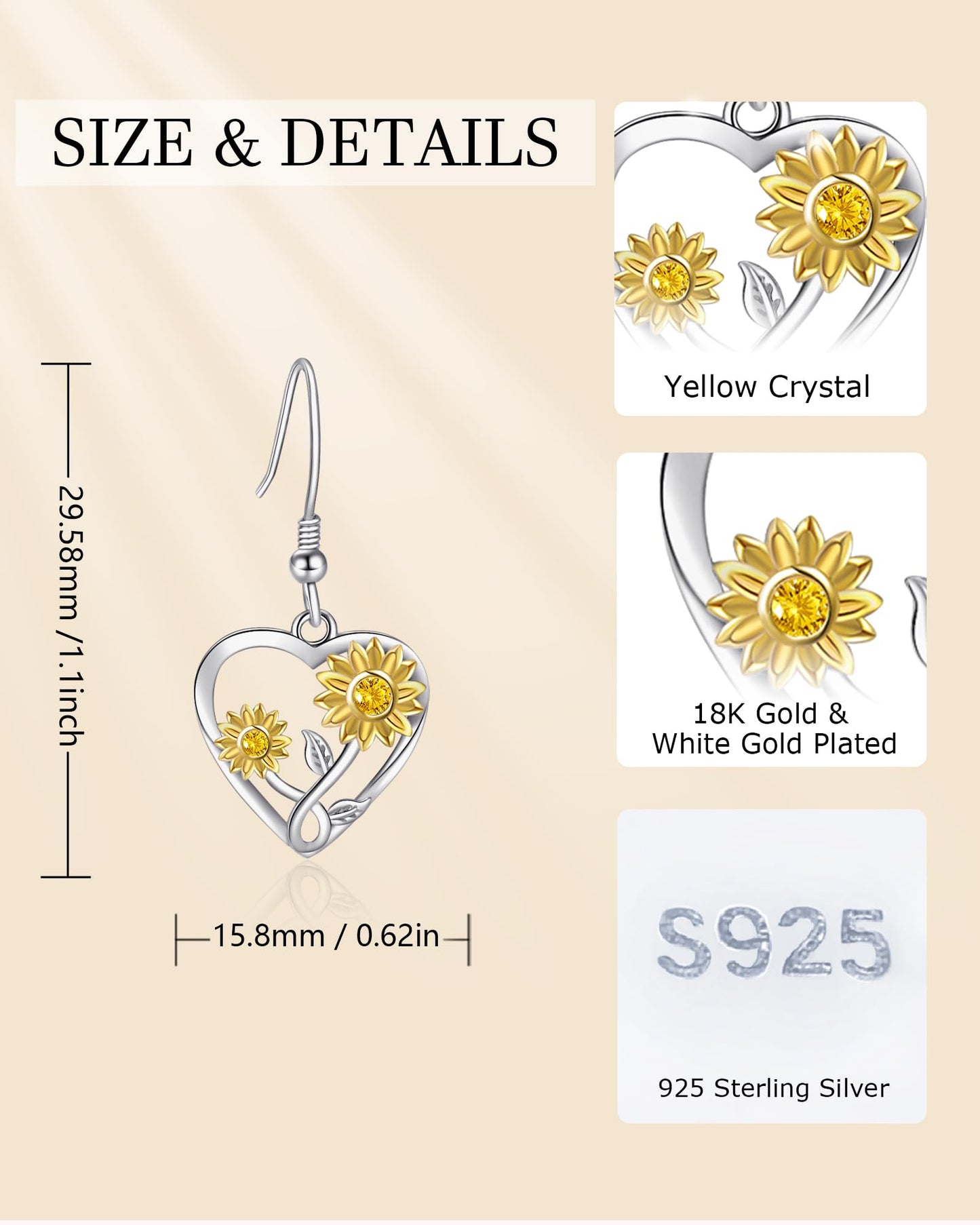 Silver Sunflower Heart Earrings for Women,925 Sterling Silver Sunflower,Daisy Heart Dangle Earrings, Sterling Silver, Cubic Zirconia