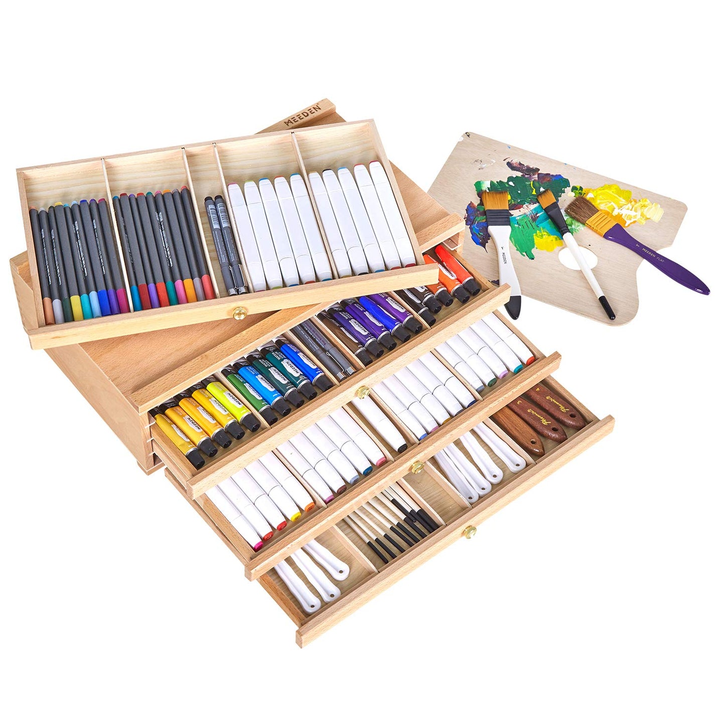 MEEDEN 4-Drawer Artist Supply Storage Box - Portable Foldable Multi-Function Beech Wood Artist Pencil & Brush Storage Box with Drawer & Compartments for Pastels, Pencils, Pens, Brushes, Stamp