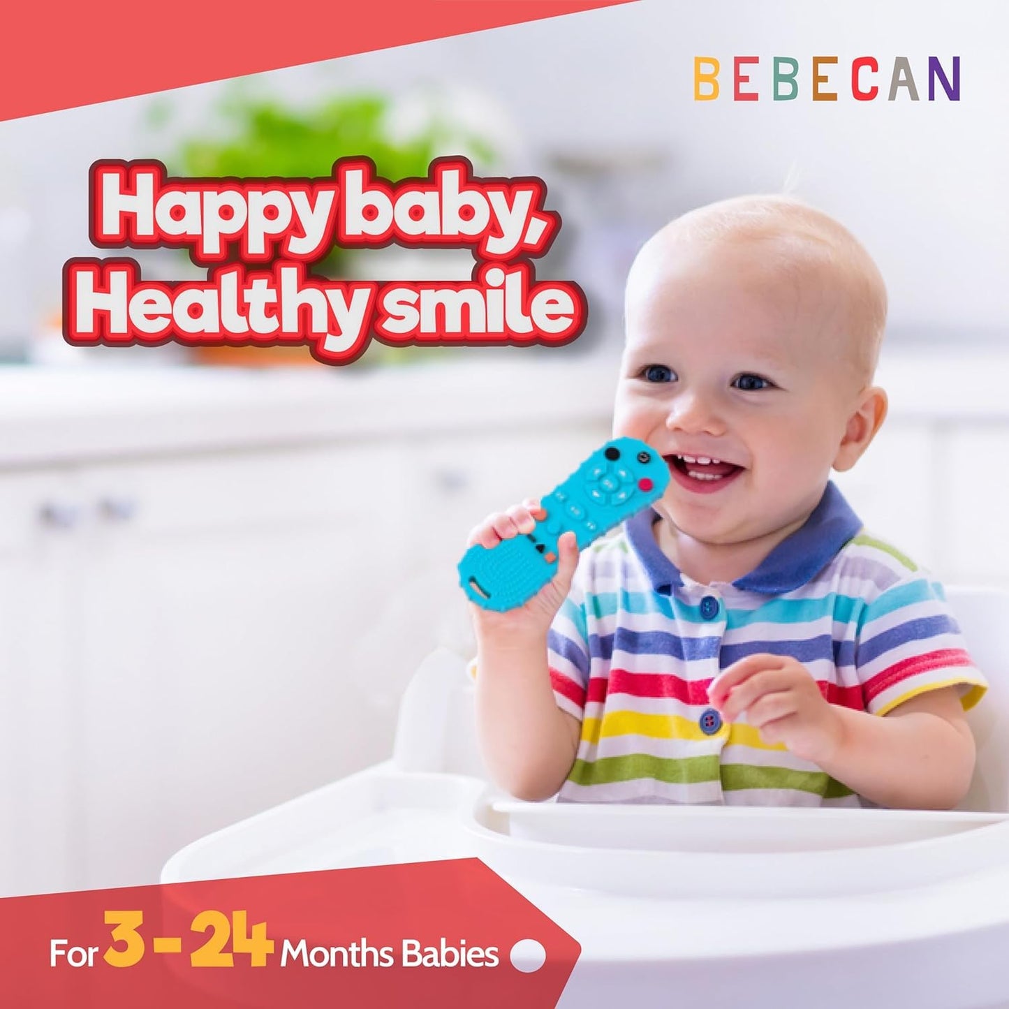 BEBECAN 3 Pack Silicone Baby Remote Teether Chew Toy for Infant TV Teething Remote Control Shape Play Remotes for Babies 3-24 Months (Black+Blue+Pink)