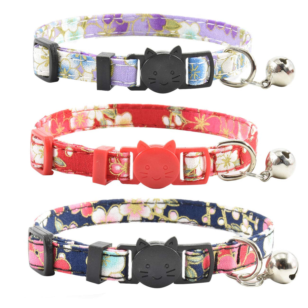 Breakaway Cat Collars with Bell, Set of 3, Durable & Safe Cute Kitten Collars Safety Adjustable Kitty Collar for Cat Puppy 7.5-11in (Gray,Pink,Blue)