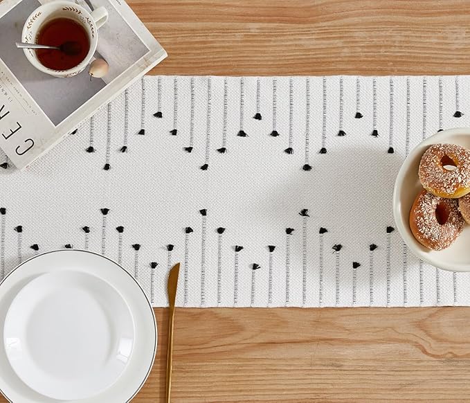 Wracra Boho Table Runner, Natural Cotton Woven Macrame Table Runners 36 Inches Long for Modern Farmhouse Woven Home Decor, 14x36 Inch, Black