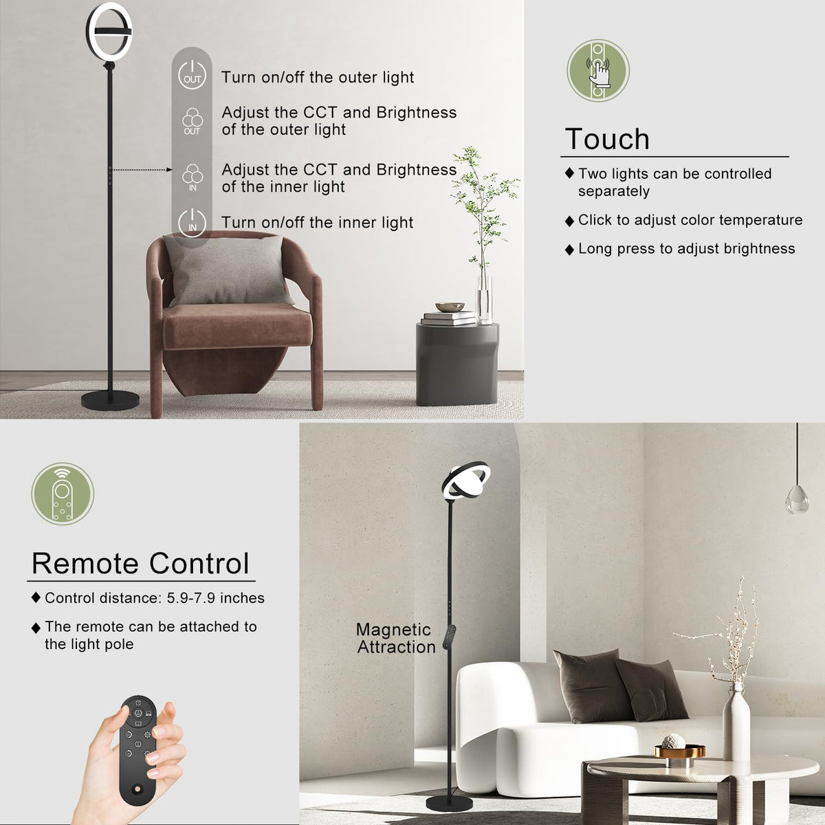 36W Bright LED Floor Lamp for Living Room with Remote, 75.5 Inch Tall Stepless Dimmable Standing Lamp for Office, Torchiere Floor Lamp with 2 Rotatable Lights 1900K-6500K for Bedroom