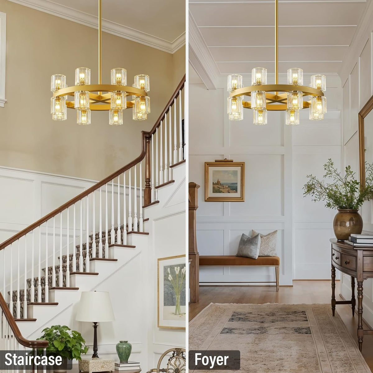 Gold Chandelier Light Fixture Kitchen and Dining, 16-Lights Modern Chandeliers for Dining Room, 18" Farmhouse Kitchen Pendant Lights Over Table, Crystal Wagon Wheel Chandelier(Bulbs Included)