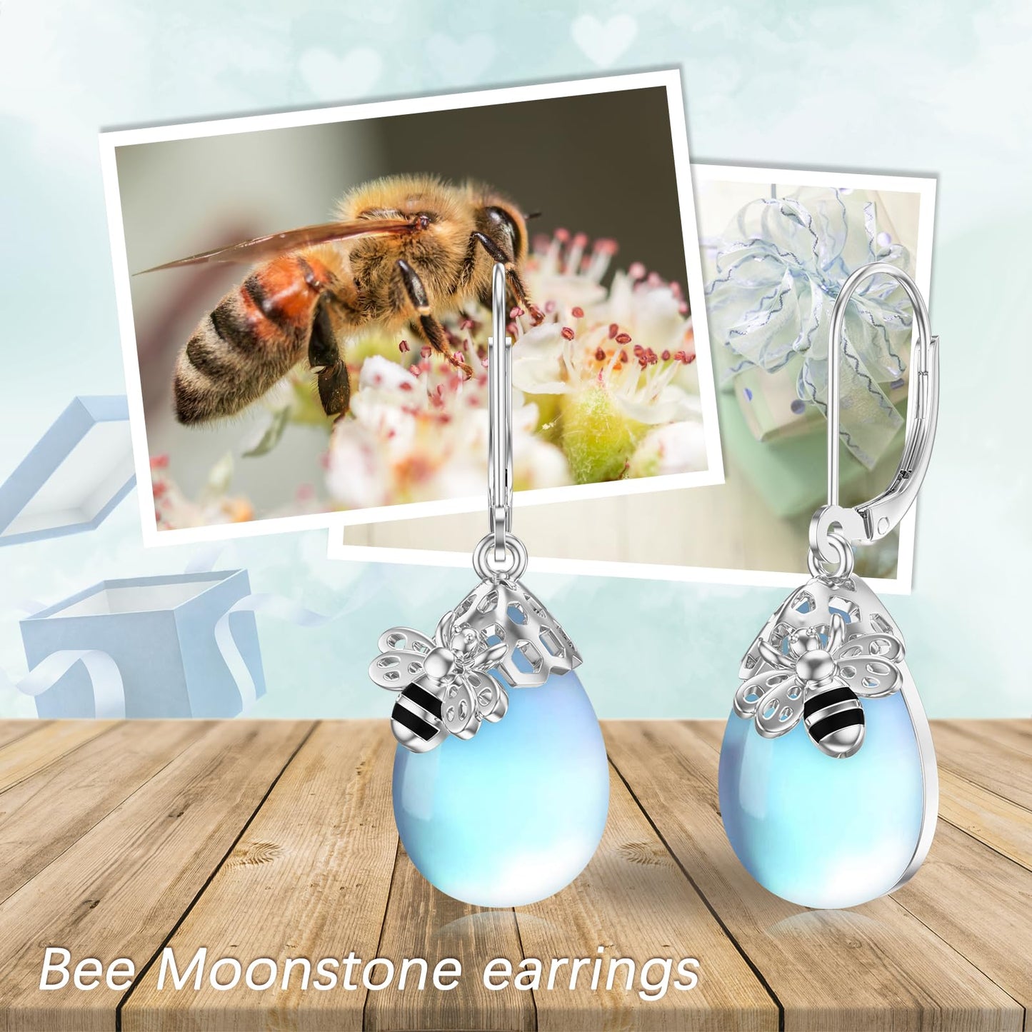 TIGERRIDER Bee 925 Sterling Silver French Clasp Earrings Moonstone Pendant Jewelry Gift for Women