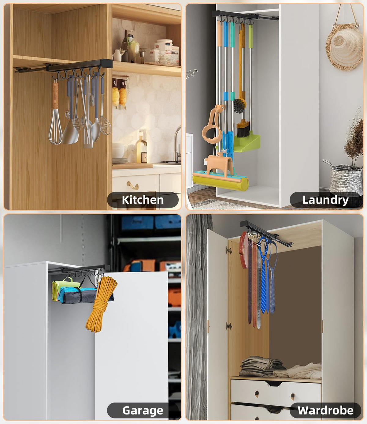 Pull Out Broom Holder With Adjustable Double Row Sliding Hook