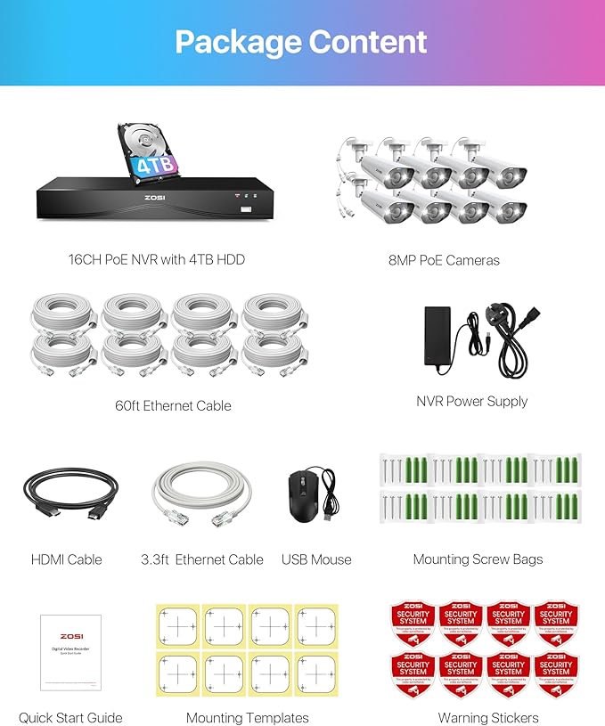 ZOSI 24CH 4K Spotlight PoE Security Camera System with Person Vehicle Detection,8pcs 4K Outdoor PoE Cameras,2 Way Talk,H.265+ 16CH 8MP NVR with 4TB HDD for 24/7 Recording