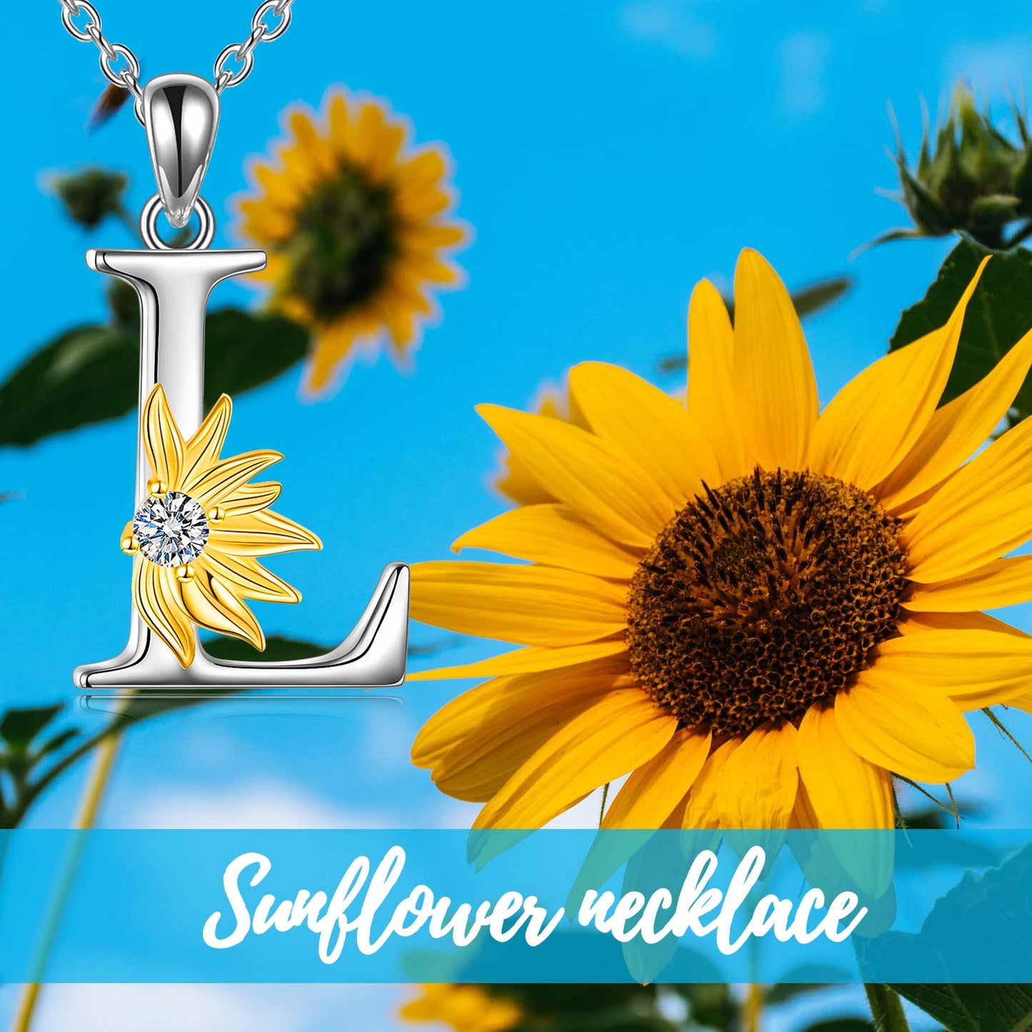 POPLYKE Sterling Silver Initial Alphabet Letter l Script Name Pendant Chain Necklace for Women for (Sunflower L)
