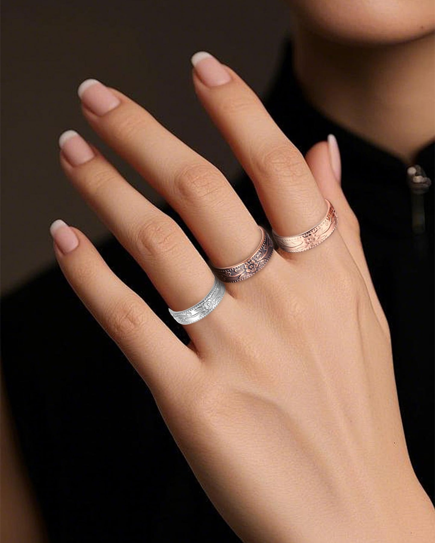 BioMag Magnetic Lymphatic Drainage Ring Set, 3Pcs 99.99% Pure Copper Rings for Women with 3500 Gauss Magnets, Adjustable Size, Floral Branch and Leaf Pattern