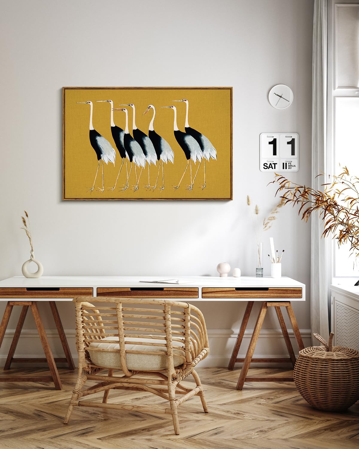 VIYYIEA Framed Wall Art Decor for Living Room Seven Cranes Art Wall Decorations Canvas Prints Vintage Painting Pictures Rustic Bathroom Decor Farmhouse Artwork for Bedroom Kitchen Office - 36L x 24W
