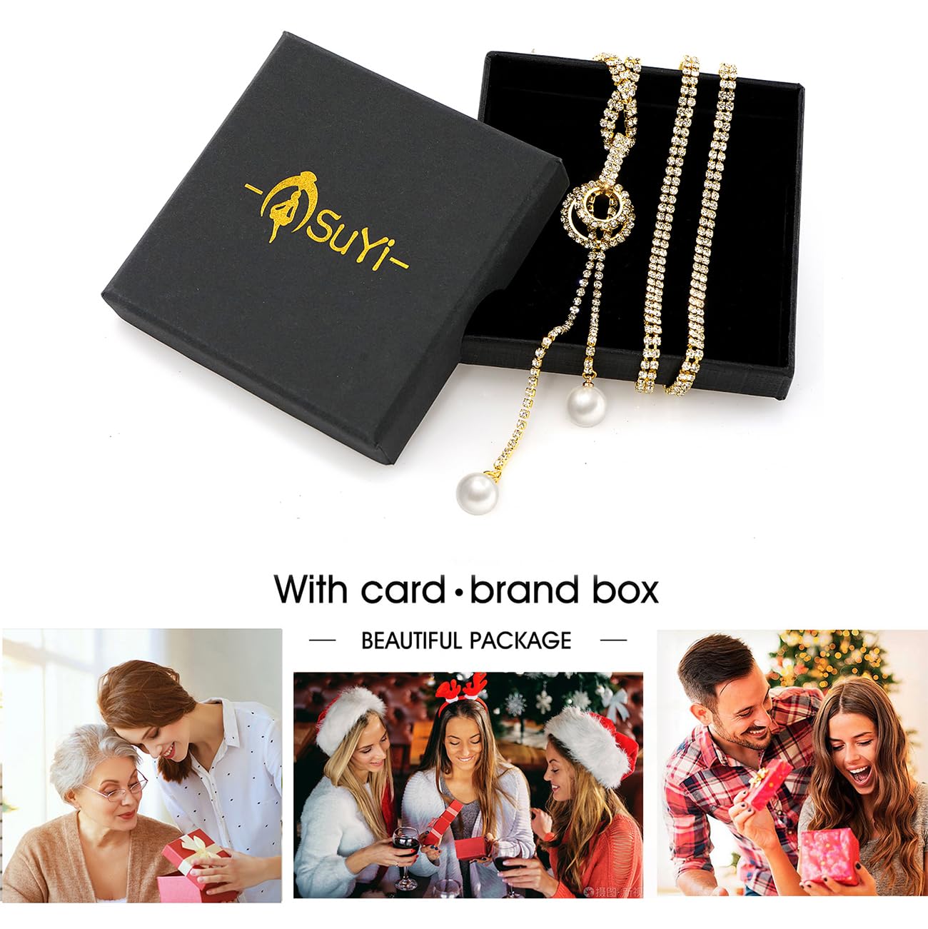 Suyi Trendy Crystal Long Necklace All-Match Style Shining Clothing Sweater Chain Pearl Gold 2