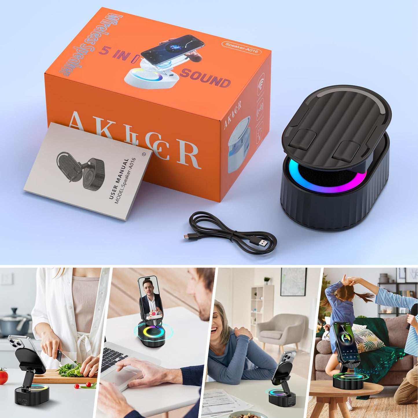 AKLLCCR Wireless Induction Audio Bluetooth Speaker 5in1 Phone Holder Emergency Rechargeable (3000mAh) with Colorful Ambient Light 300° Foldable for Tablet iPhone Android, Gifts for Men Women (Black)