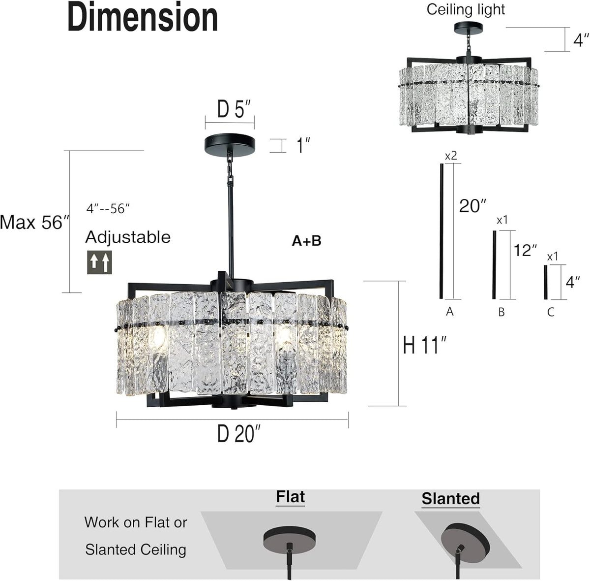 IKK Modern Black Crystal Chandeliers for Dining Room, Luxury Water Ripple Glass Light Fixture, Elegant Farmhouse Round Lighting for Kitchen Island, Bar Table, D20