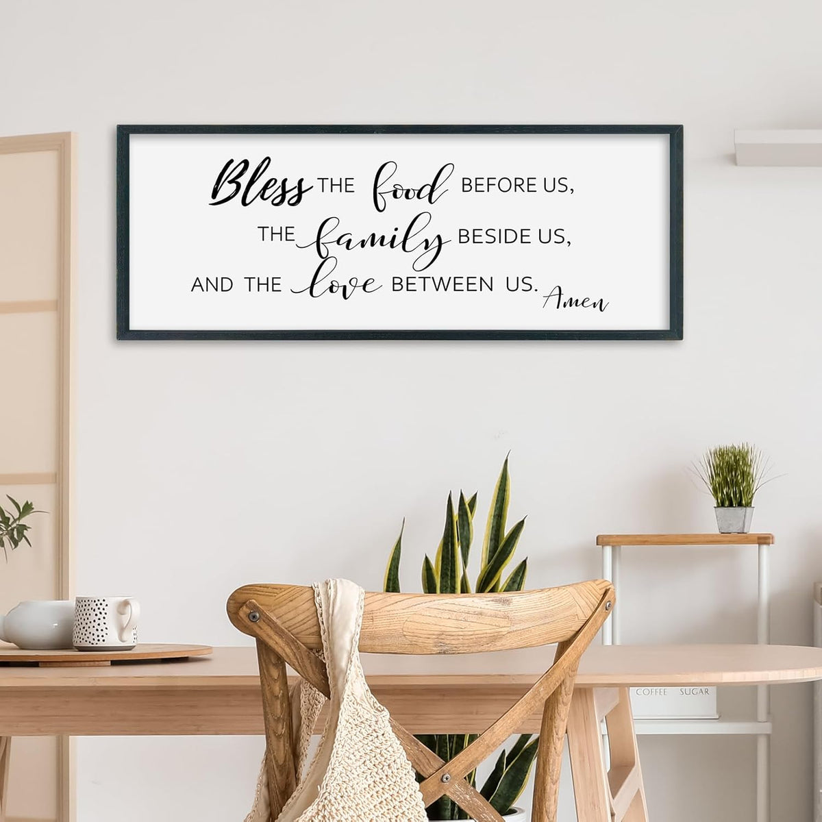 SRSZHIYUE Bless the Food Before Us Wall Sign Decor 32"×12" Christian Bible Verse for Farmhouse Rustic Kitchen Dining Room Framed Wood Scripture Religious Jesus Prayer Wall Art (Black)