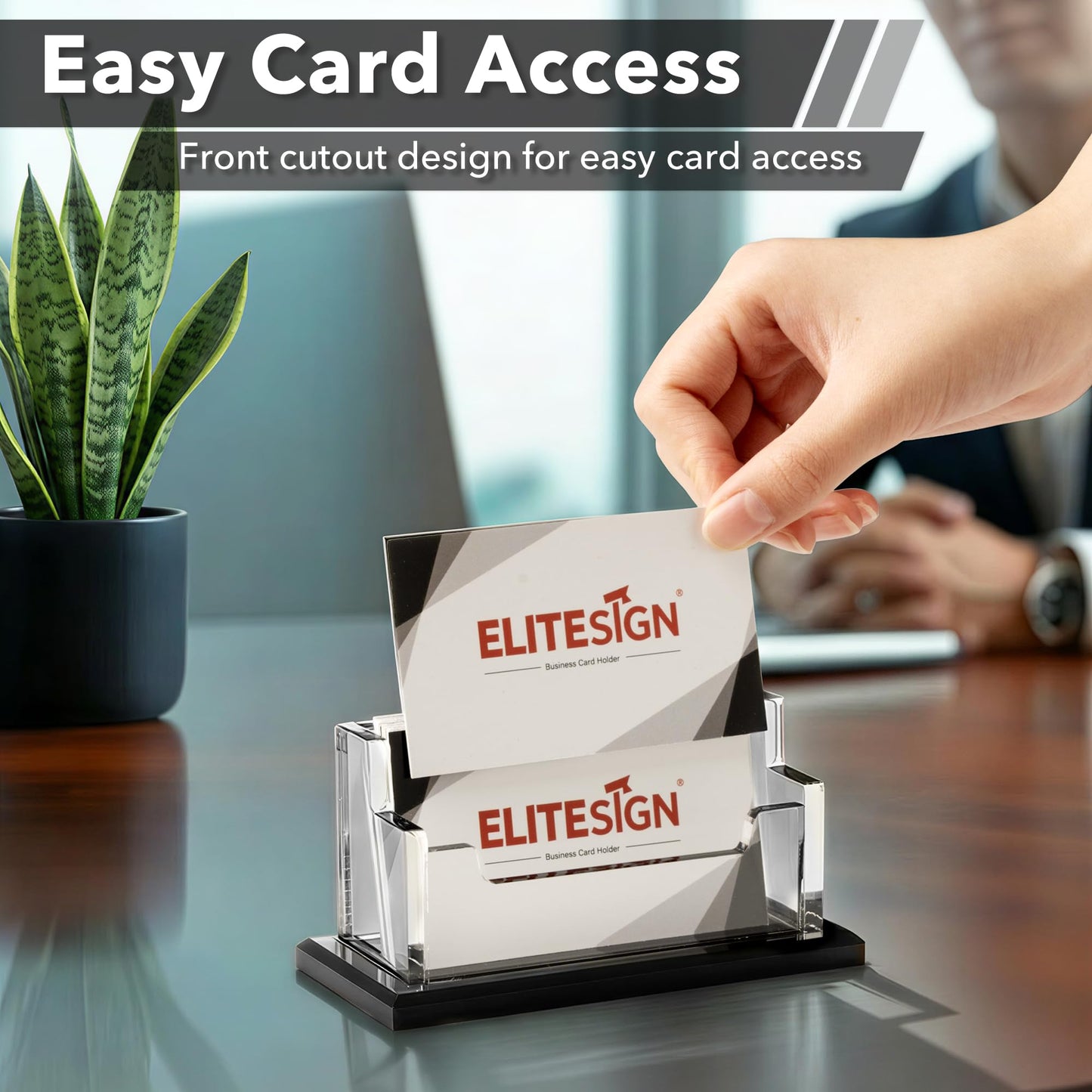 EliteSign 2 Pack Business Card Holder - Business Card Organizer with Black Base, Acrylic Name Cards Holder for Office, Reception, Vendor Booth and Trade Shows, Basic Office Supplies for Desk