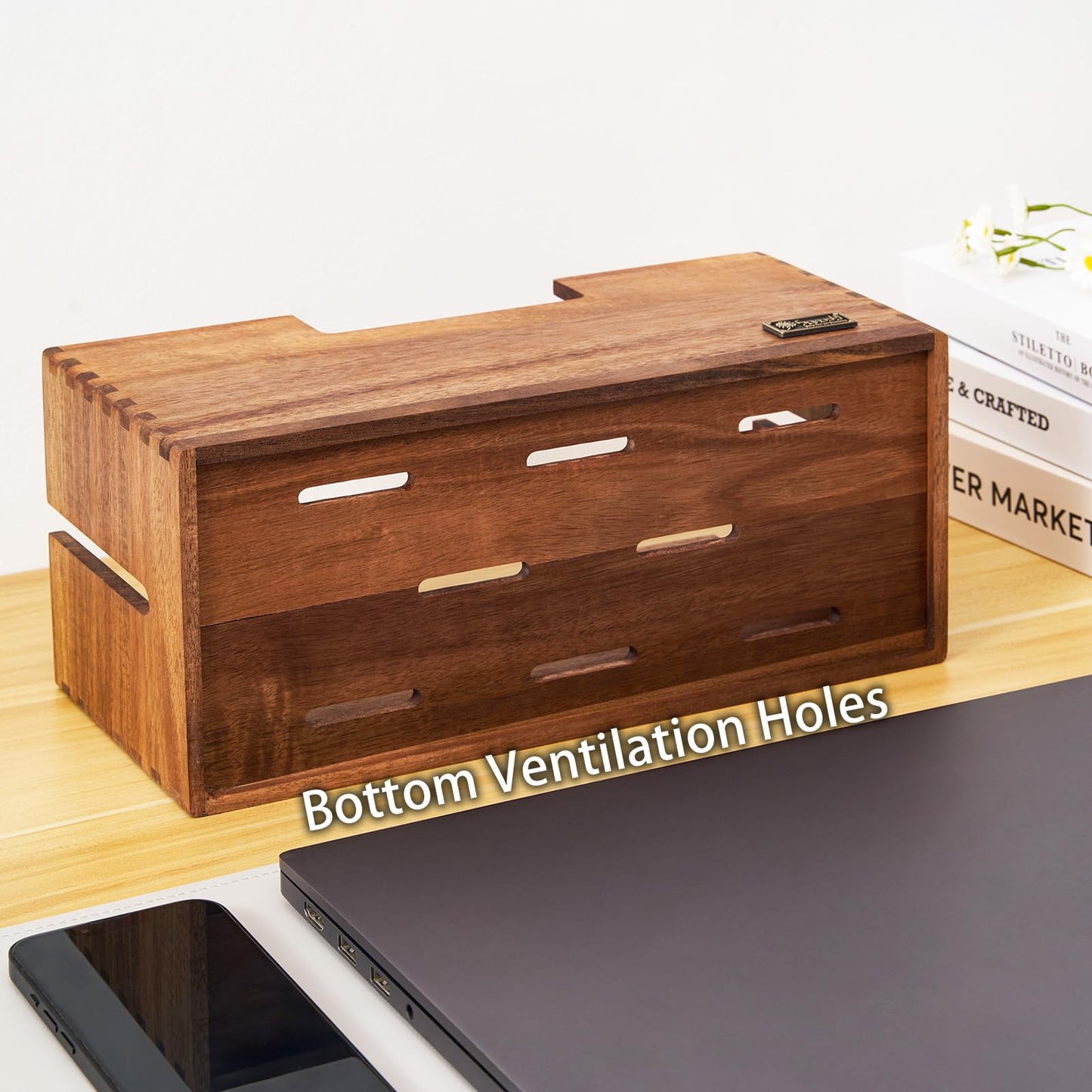 SANOSY Cable Management Box, Acacia Wood Cord Hider Organizer for Power Strips, TV, Desk & Floor Wires, Under Desk Cable Storage Box for Office & Home