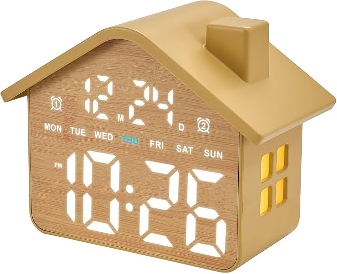 Plumeet Wooden Digital Alarm Clock, Bedroom Clock with Large Numbers, Date, Week, Dual Alarms, Dimmer and Ambient Light, House-Shaped Electric Bedside Desk Clock, Adapter Batteries Powered