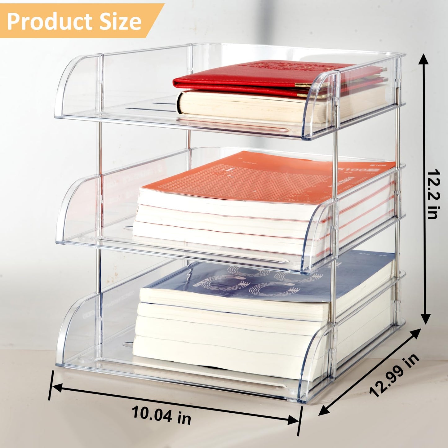 Desk Organizer and Storage,3-Tier File Paper Tray Organizers,Stackable Clear Desktop Organizer for Documents,Book Magazine Storage,Office Supplies (Clear,3 Pack)
