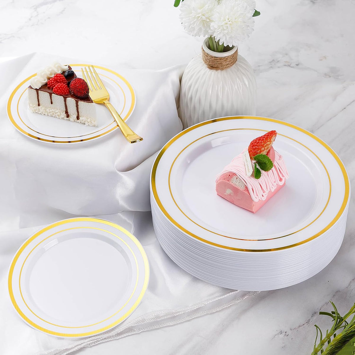 Goodluck 150 Pieces Gold Disposable Plates for 25 Guests, Plastic Party, Wedding, Dinnerware Set of Dinner Plates, Salad Spoons, Forks, Knives, Cups