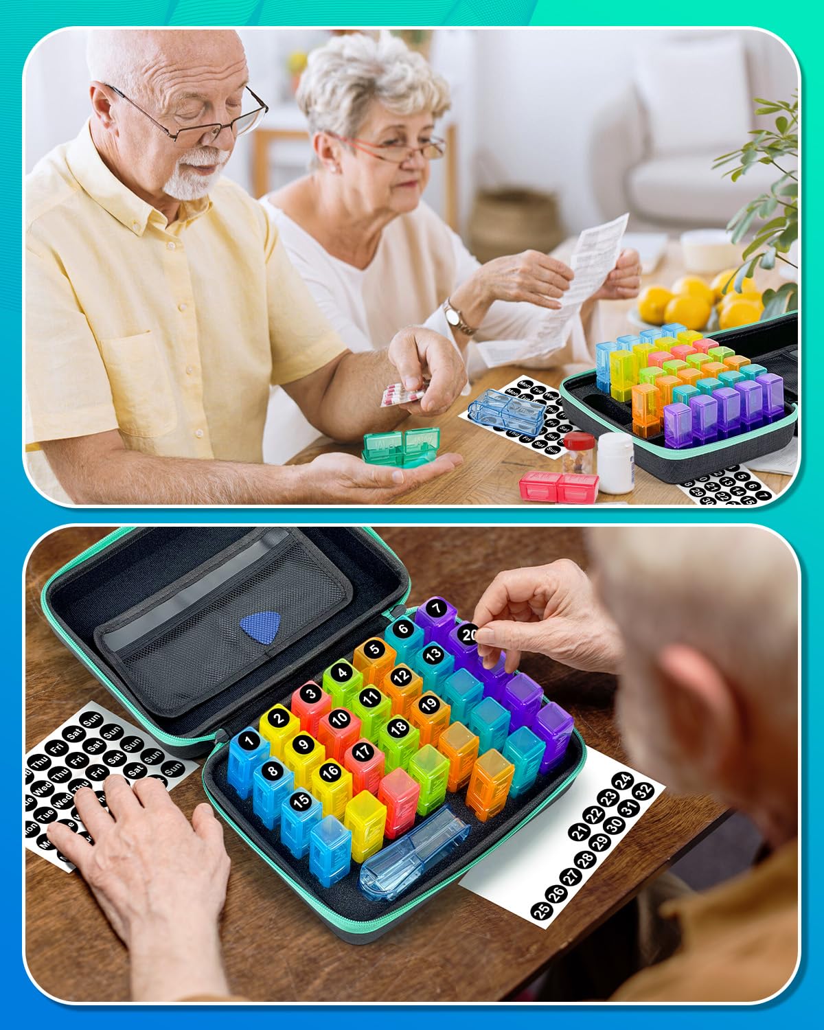 YONLOG Monthly Pill Organizer 2 Times a Day, with Portable Hard Shell, Pill Cutter, 31-Day Box, Plastic Opening Pick, Monthly & Weekly Stickers, Convenient Medication Management (Green, 2 Times a Day)