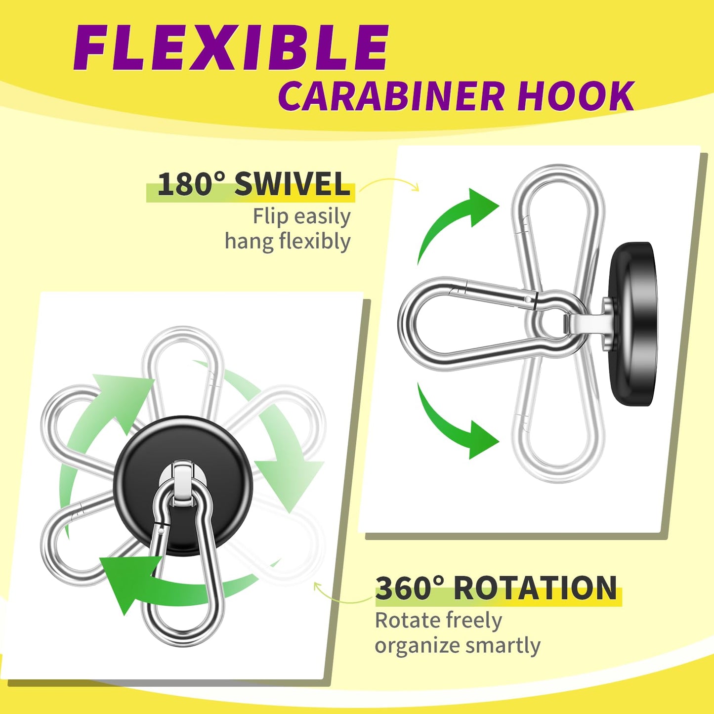 Niuknow Magnetic Hooks for Cruise Cabins, 150LBS Neodymium Extra Strong Magnetic Hooks with Swivel Carabiner for Hanging for Grill, Office, Kitchen, Classroom, 10 Pack, Black