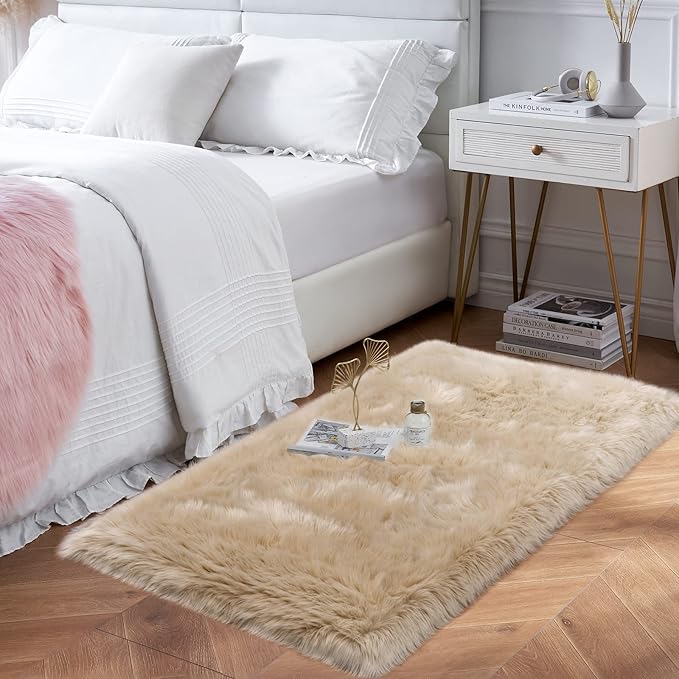 Faux Fur Rug, Beige Small Fluffy Rug for Sofa Chair Couch Cover 2x4 Feet, Ultra Soft Fuzzy Shag Rug for Bedroom, Indoor Shaggy Plush Floor Carpets Luxury Home Decor for Bedside