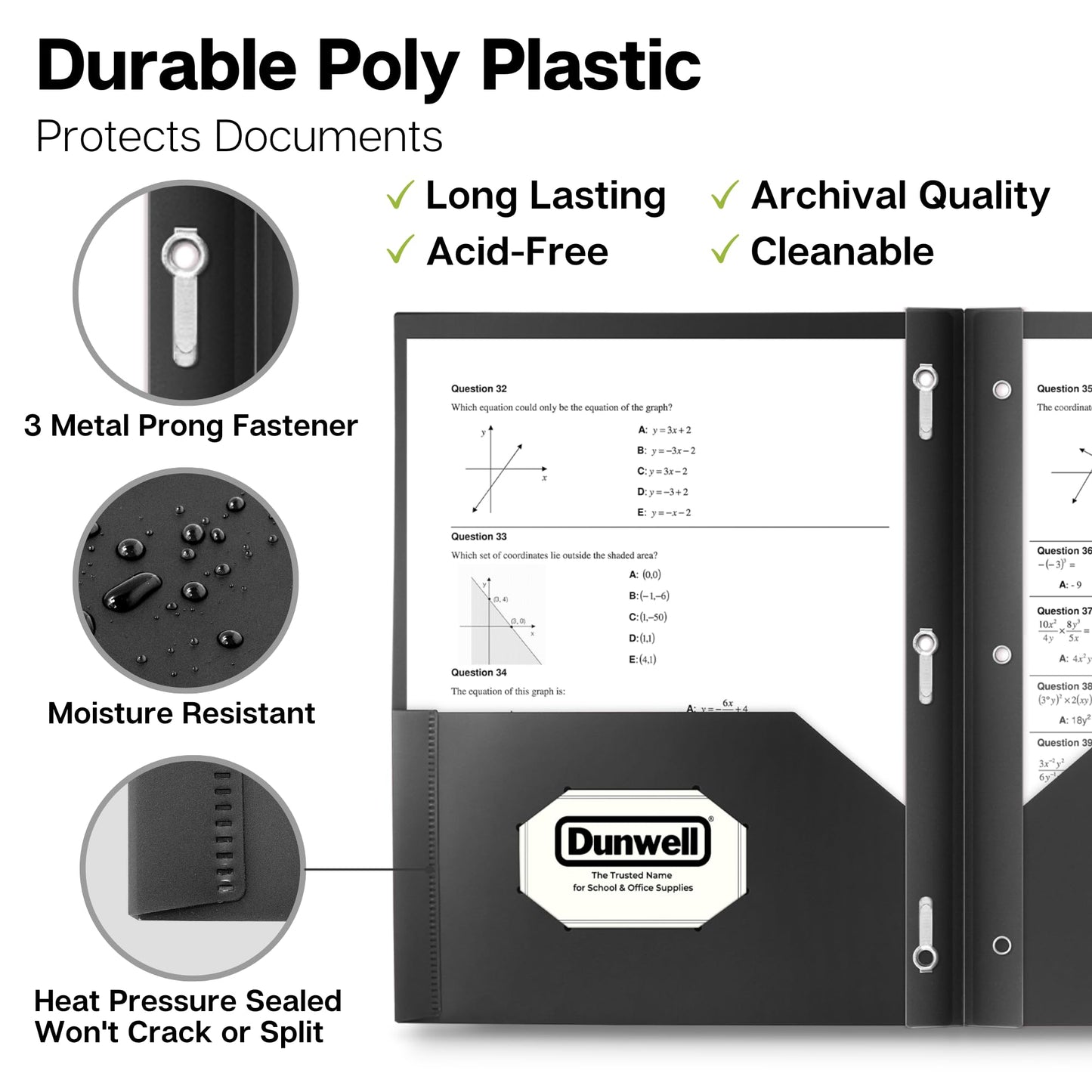 Dunwell Plastic Folders with 3 Prongs, (12 Pack, Black), 2-Pocket Folders with Fasteners, Durable Acid-Free Poly for Long Term Use, Includes Labels