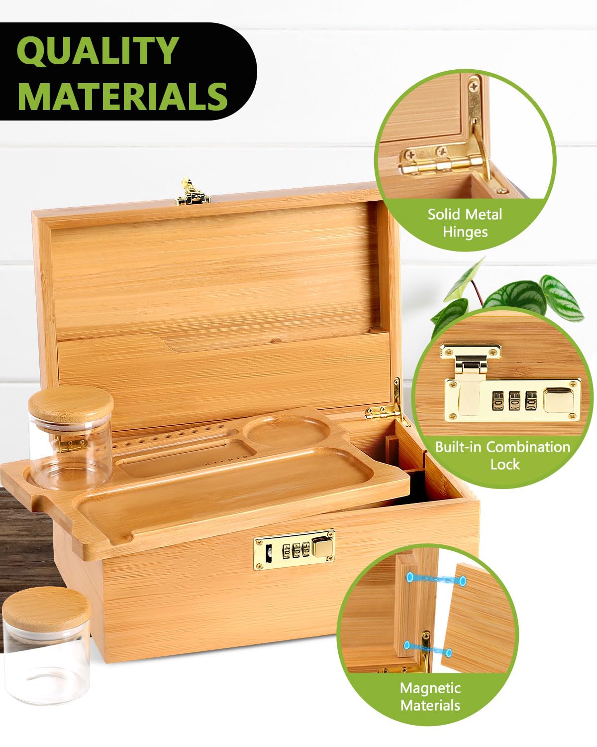 OZCHIN Large Bamboo Box with Combination Lock Decorative box for Home Great Gift Choice Storage Lockbox with Storage Jar, Christmas Gifts for Men Women