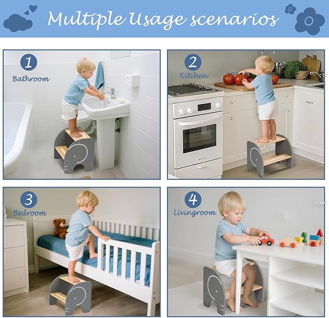 Wooden Step Stool - Two Step Stools Toddler 250 lbs Capacity with Safety Non-Slip Pads - Potty Training Stool for Bathroom Sink, Bedroom, Kitchen Dual Height Step Stools for Kids(Elephant|Gray)