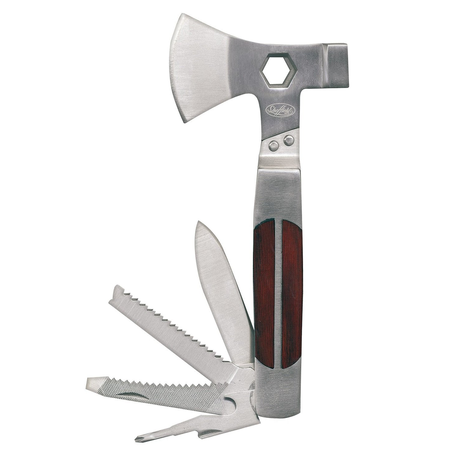 Sheffield 12301 Axe Multi Tool, Stocking Stuffers, Gifts for Men, Dad Gifts, 12-in-1 Camping Knives & Tools, Utility Tool Double Axe Head, Camping Tool, Stainless Steel Knife Multitool