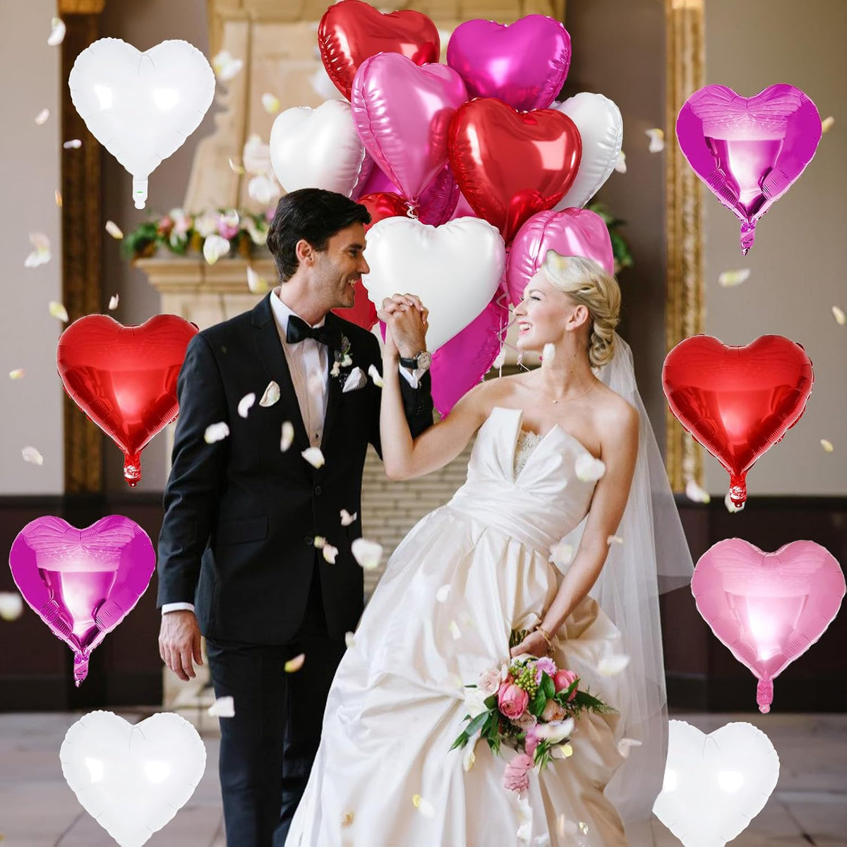 TAOYE Red Pink Heart Balloons, 18 Inch 12 Pcs Red Hot Pink Mylar Heart Shape Balloons Red White Foil Heart Balloons Red Pink and White Party Balloons for Birthday Wedding Bridal Valentine Anniversary