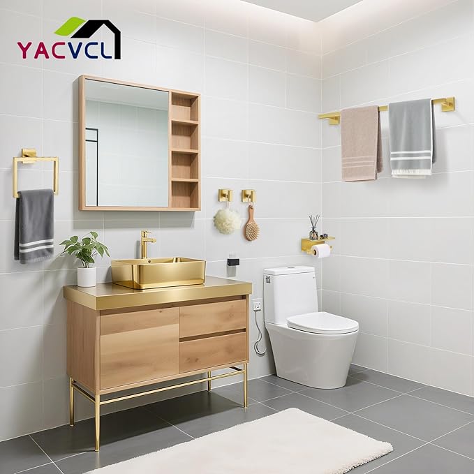 YACVCL 5-Pieces Brushed Gold Bathroom Hardware Accessories Set Stainless Steel Bathroom Towel Bar Set Towel Holder Set for Bathroom,Upgraded Toilet Paper Holder with Shelf,Wall Mounted 23.6"