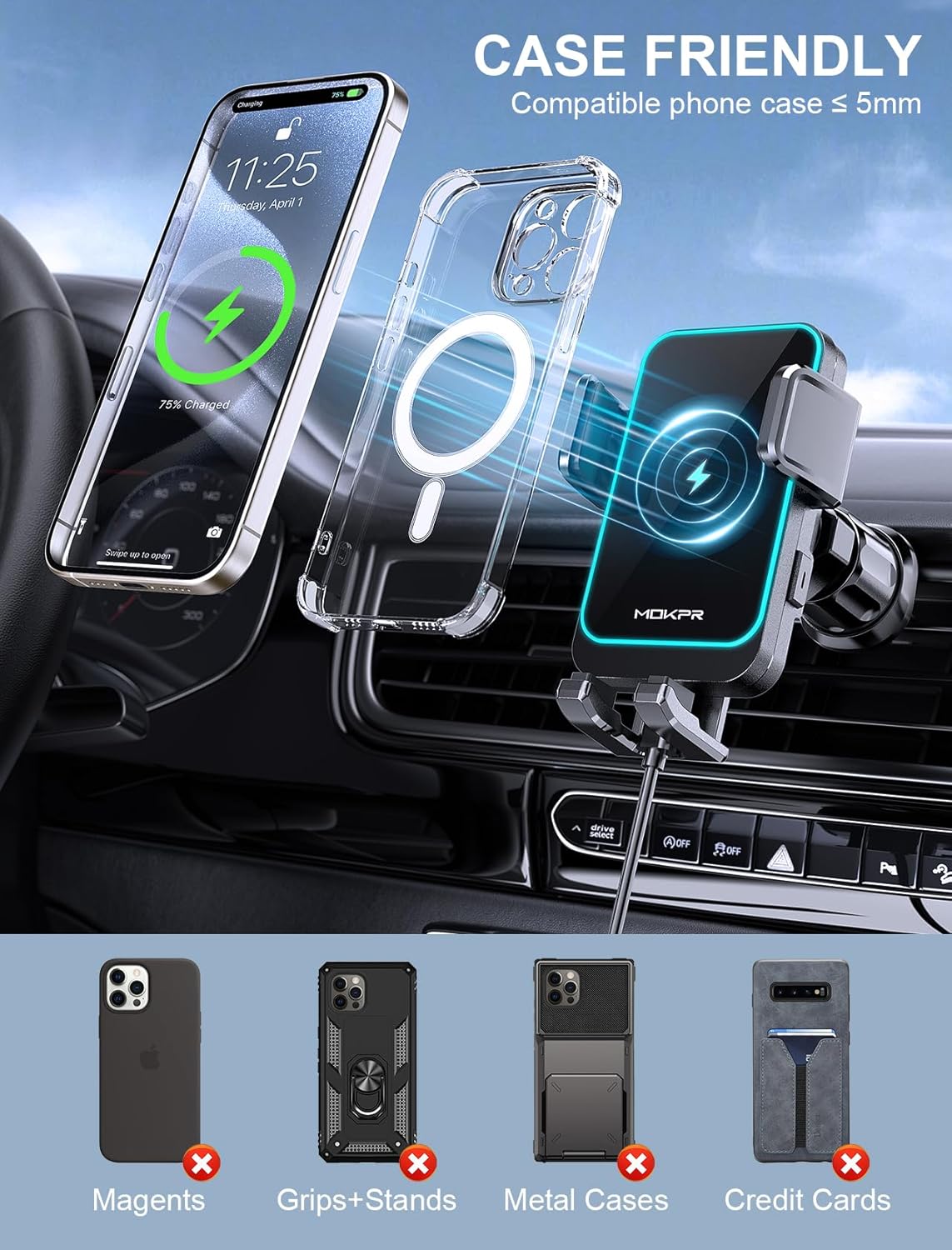 Wireless Car Charger, MOKPR 15W Fast Charging Auto Clamping Dashboard Windshield Air Vent Car Phone Holder Car Charger for iPhone 16 15/14/13/12 Pro Max Plus, Samsung S23/S22/S21,etc