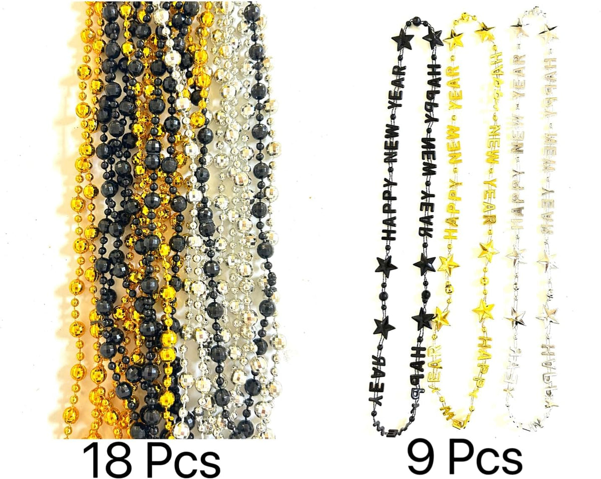 81 Pcs Happy New Year Beads Necklaces - Black, Gold, Silver - New Year Eve Bulk Accessories & Decorations