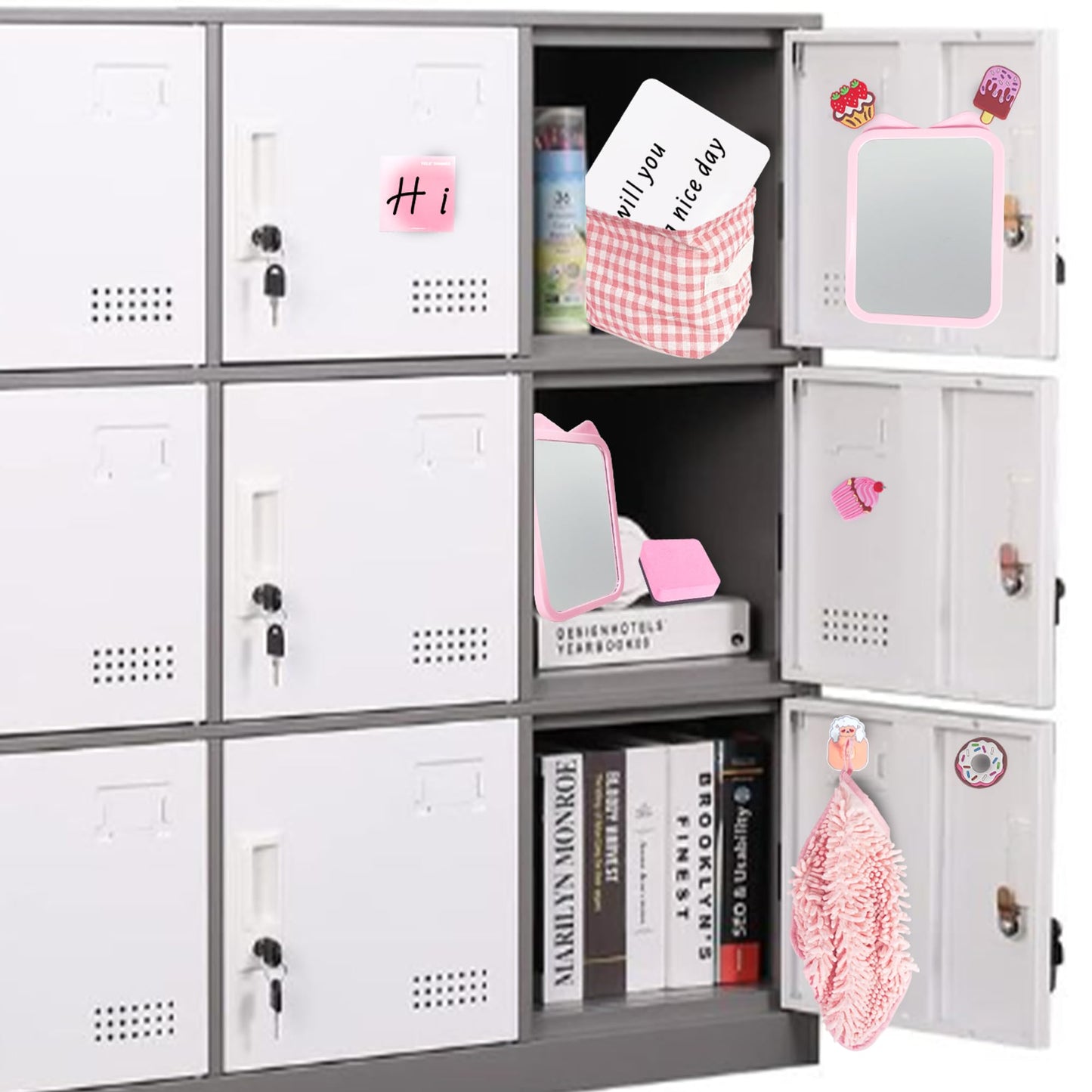 Tazimi Locker Accessories Kit with Magnetic Whiteboard, Mirror, Hook, Rug, Storage Bag, Pen Holder - Back to School Essentials for Girls' Locker Organizer