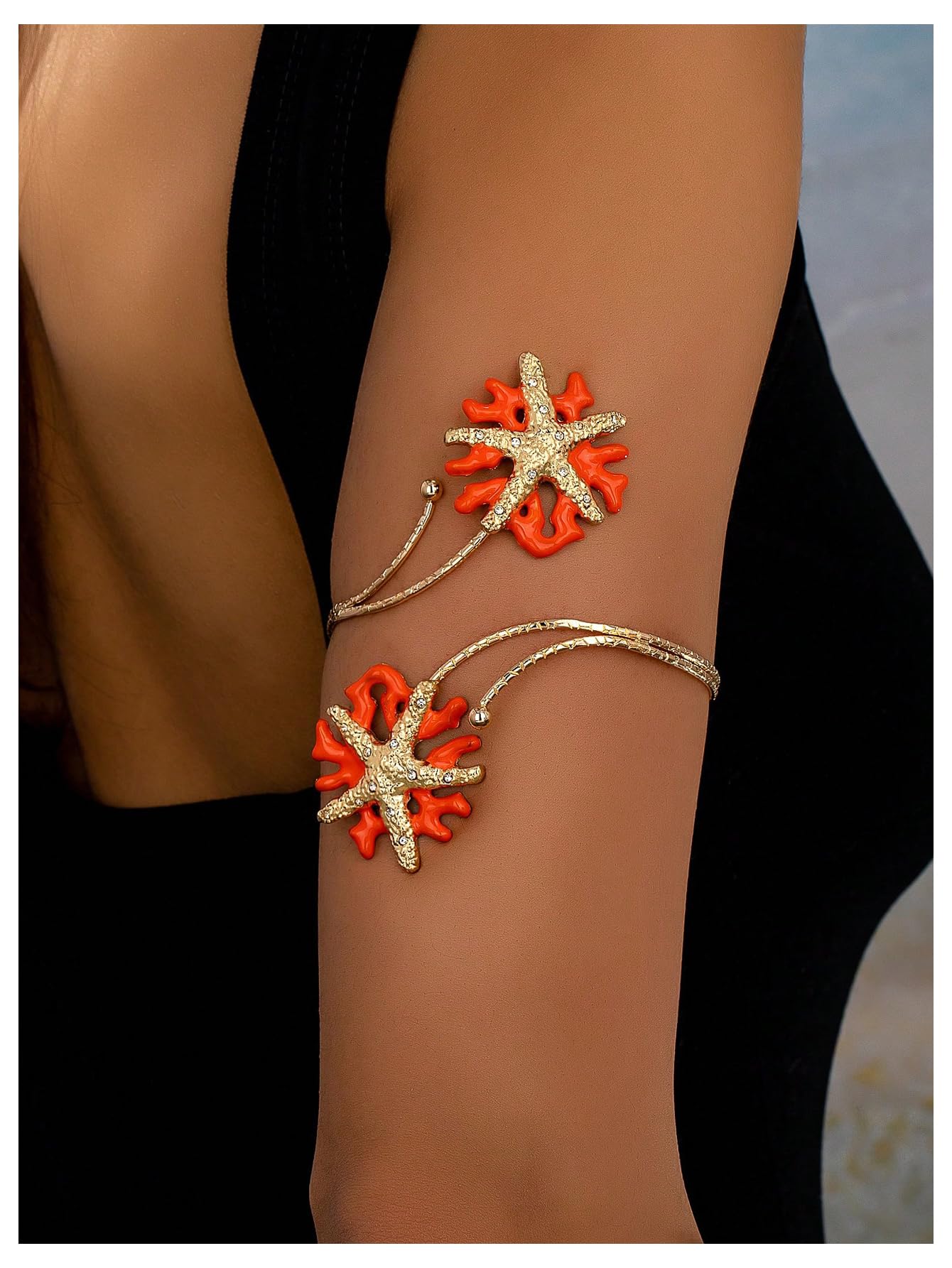 MakeMeChic Beach Gold Arm Cuff Jewelry for Women Bangle Band Armlet Flower Upper Arm Cuff Bracelet Summer Beach Essentials Orange Starfish One-Size
